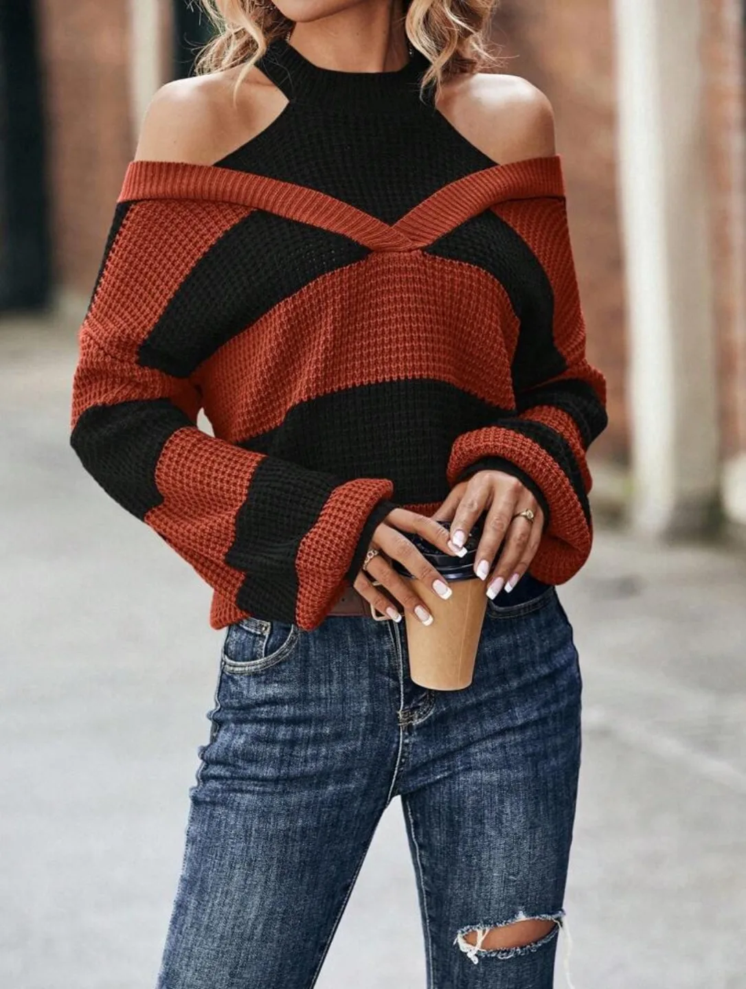 Striped Knit Sweater with Cutout Shoulders image indicator(2)