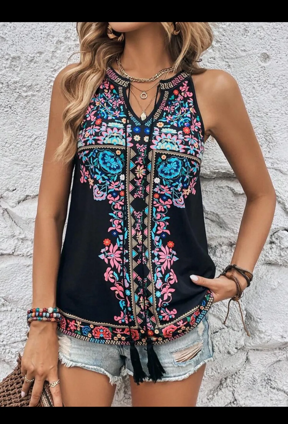 Bohemian Floral Print Sleeveless Blouse image indicator(2)