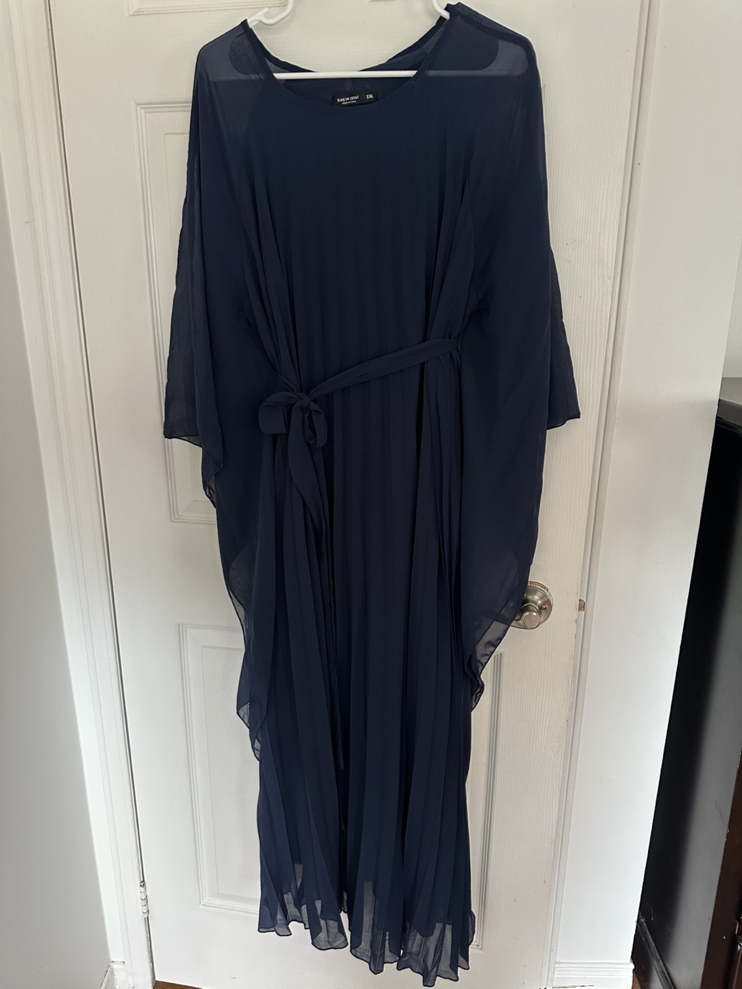 Navy Blue Pleated Maxi Dress with Belt