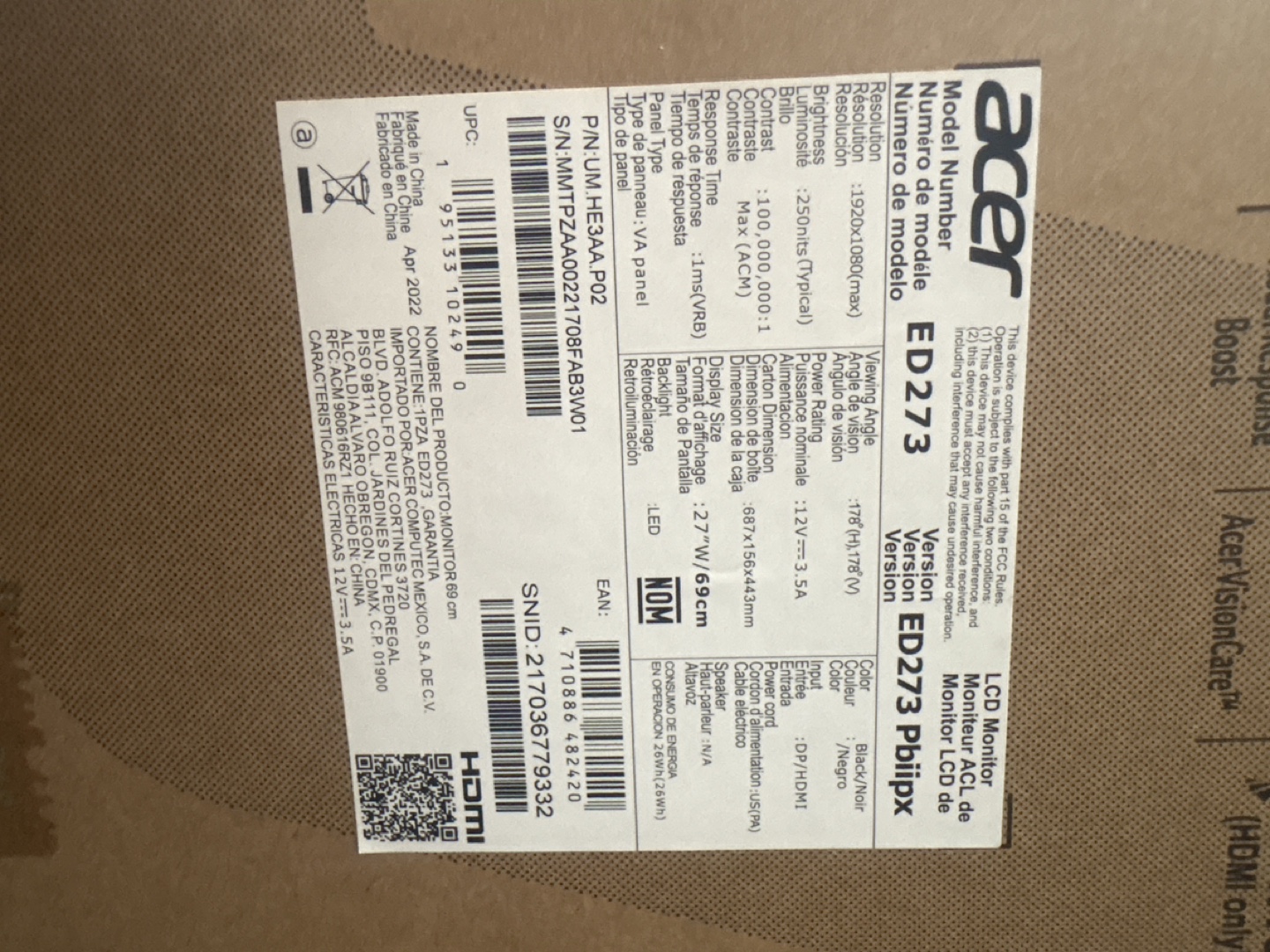 Acer ED273 27-inch Curved Gaming Monitor - photo 2