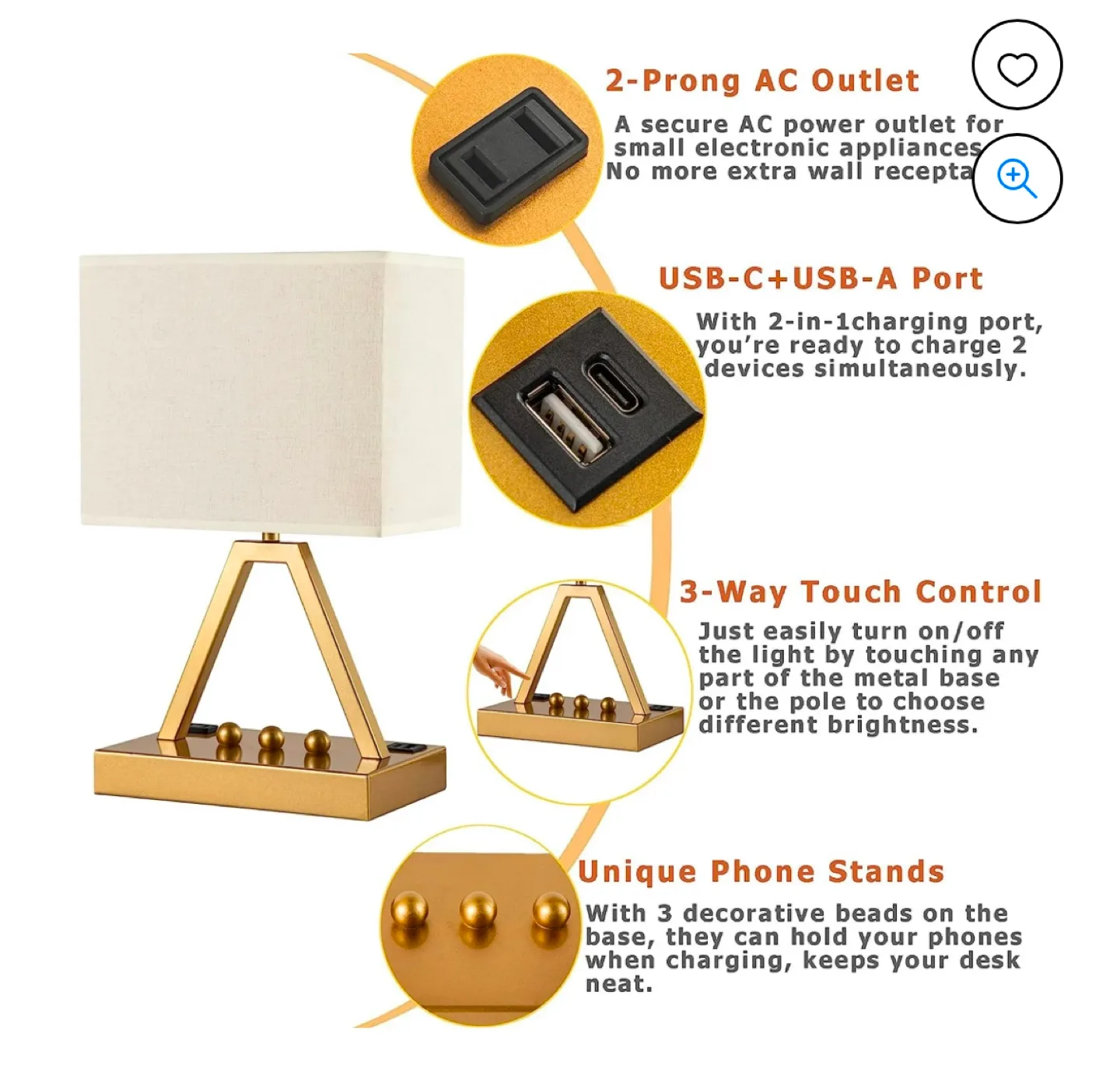 New USB Touch Control Lamp, 3-Way Dimmable Lamp wit 3USB outlet image indicator(8)
