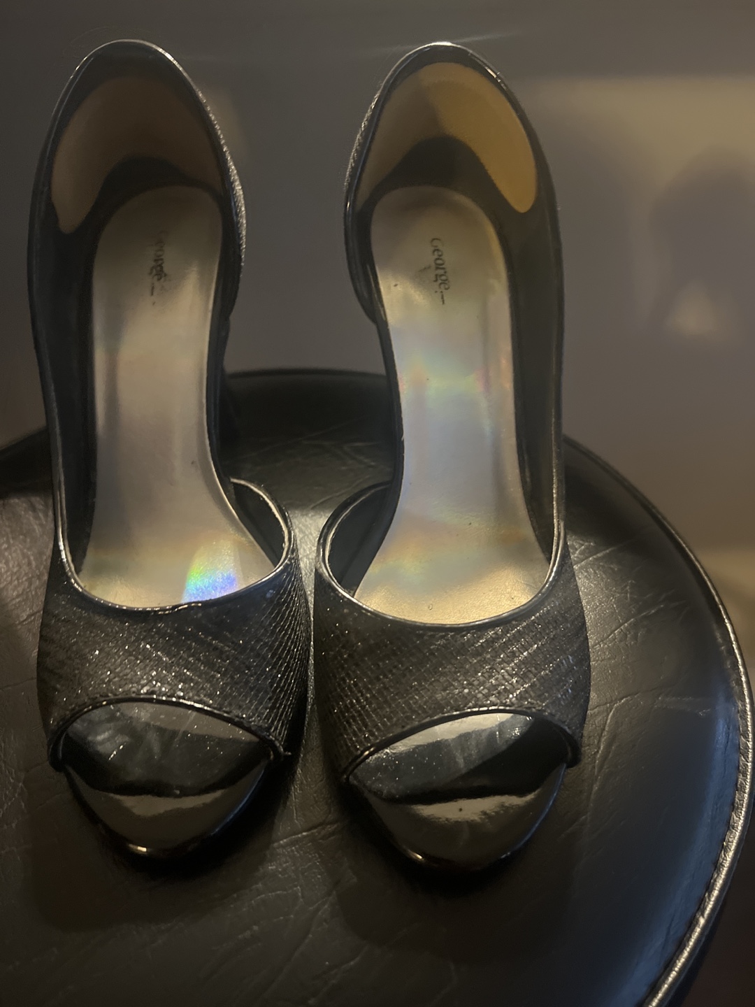 Black sparkly peep-toe heels
