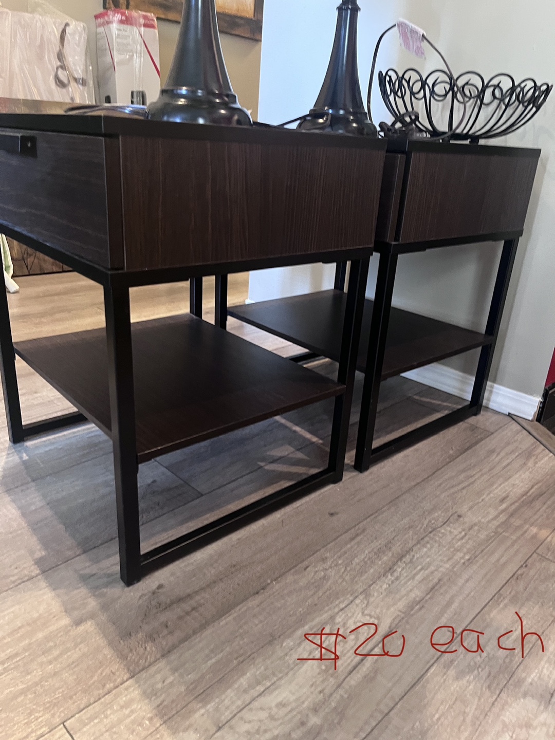 Pair of Dark Brown Nightstand with Drawer and Shelf