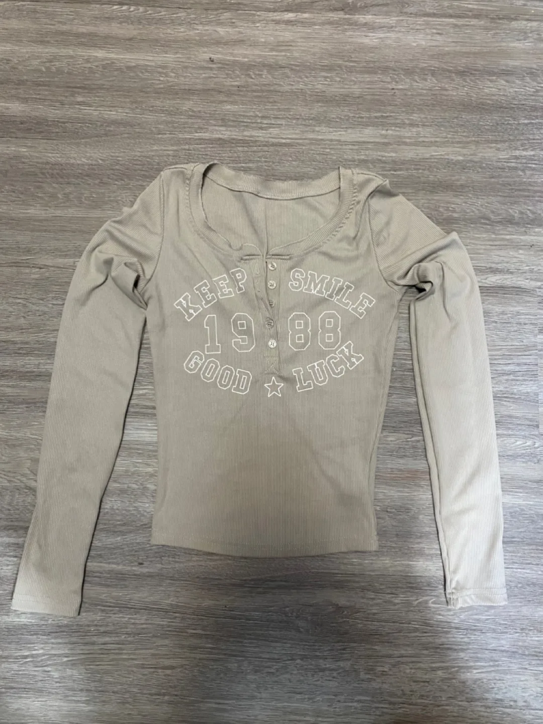 Beige Long-Sleeve Henley Top, Size Small thumbnail