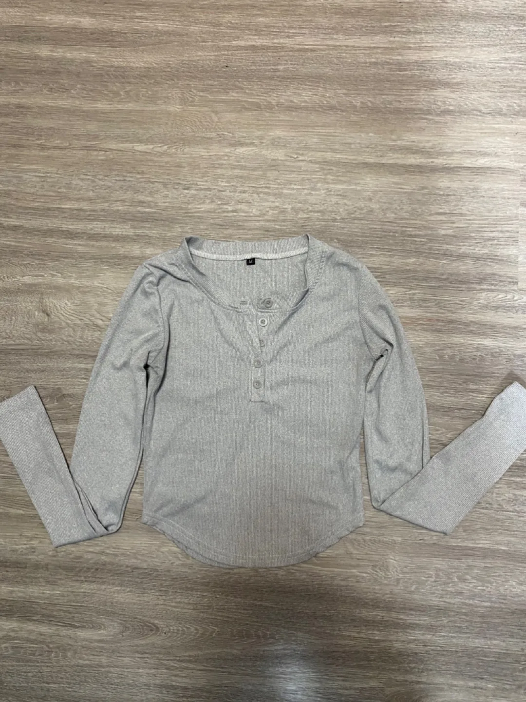 Grey ribbed henley long sleeve top thumbnail