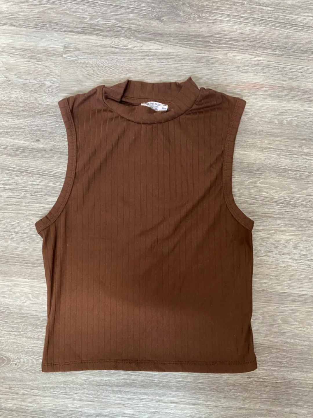 Brown Ribbed Mock Neck Sleeveless Crop Top thumbnail