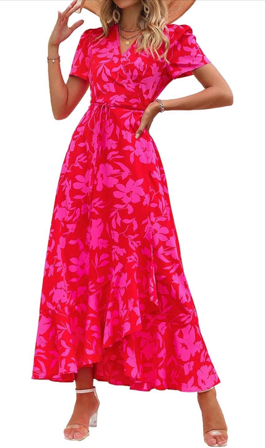 NEW! PRETTYGARDEN Wrap Maxi Boho Floral Ruffle Hem Dress