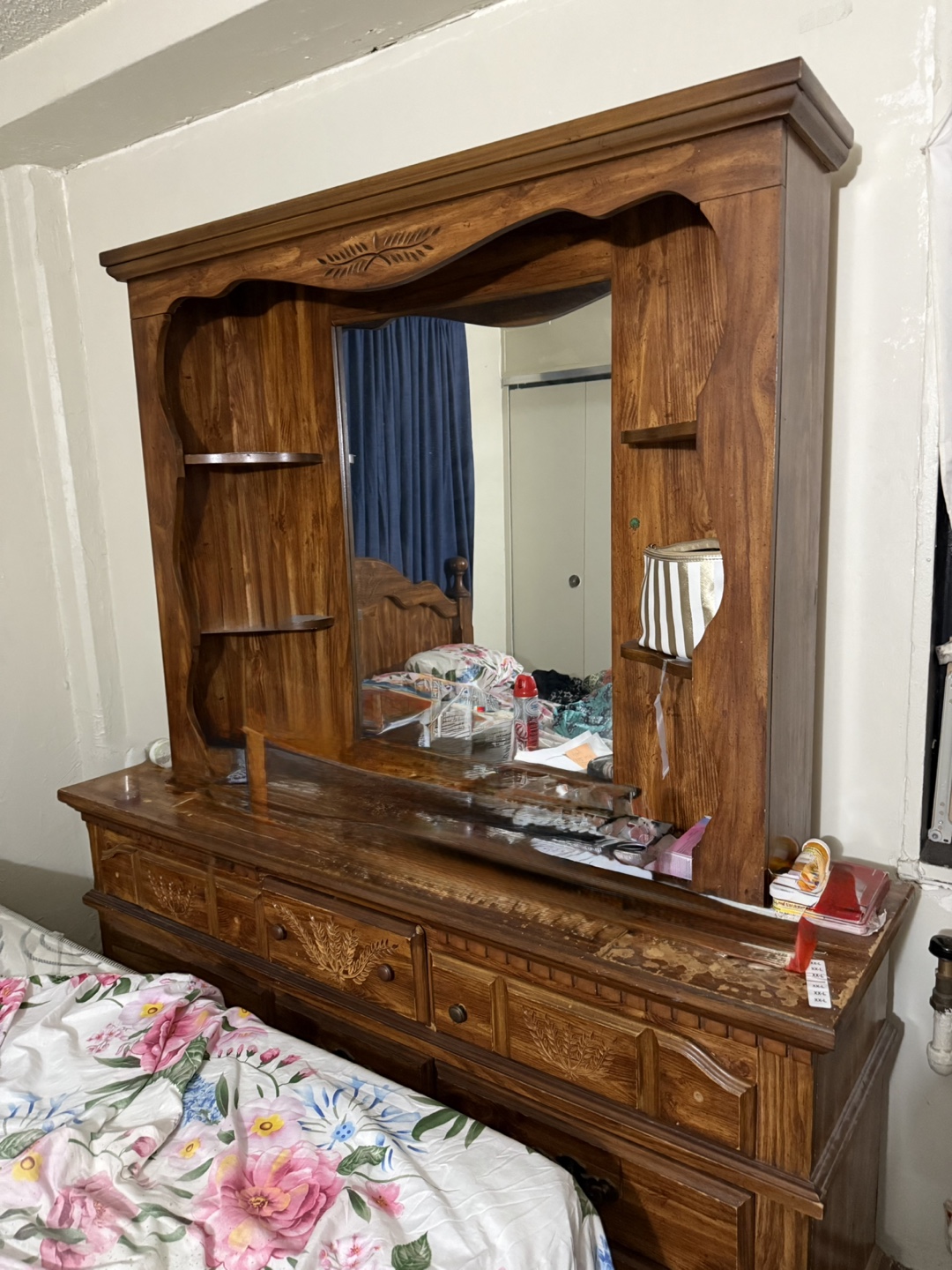 Vintage Wooden Vanity with Mirror and Drawers