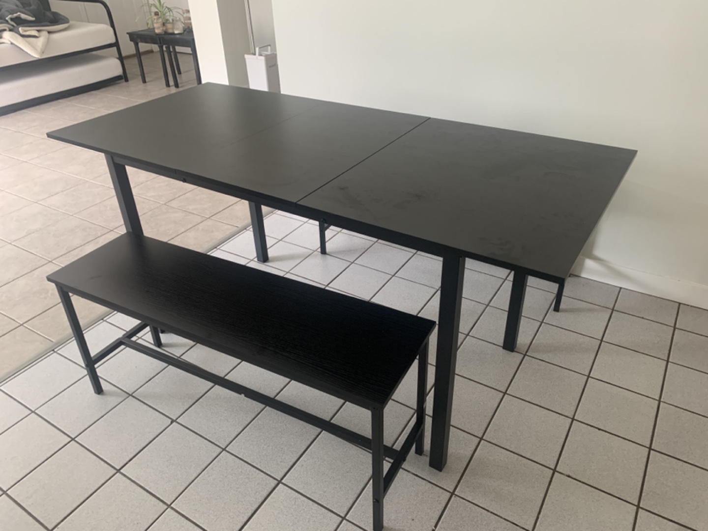 Black Extendable Dining Table with Bench