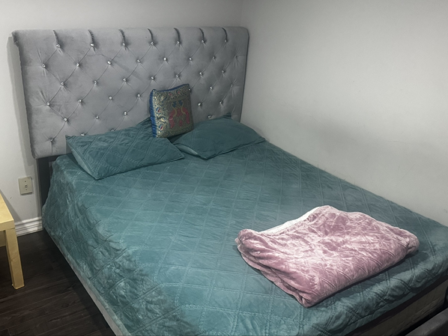 Queen Size Bed Frame with Grey Velvet Headboard