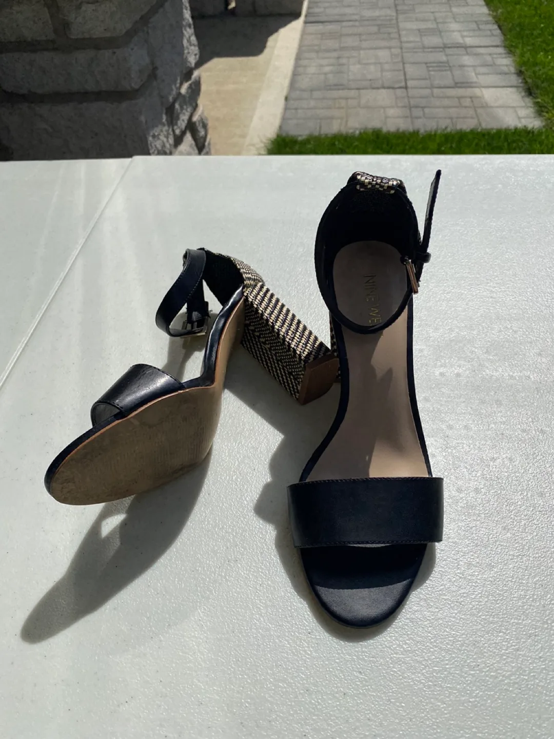 Nine West Black and Beige Woven Block Heel Sandals thumbnail