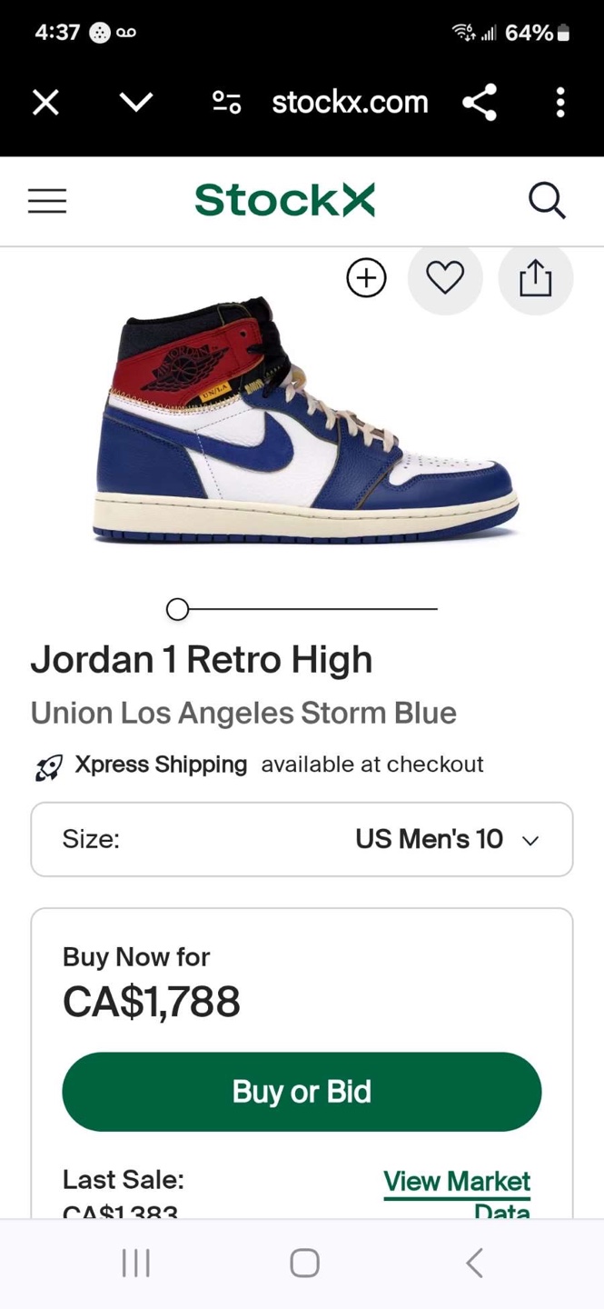 Men's Air Jordan 1 Retro High OG Union LA Storm Blue Size 10