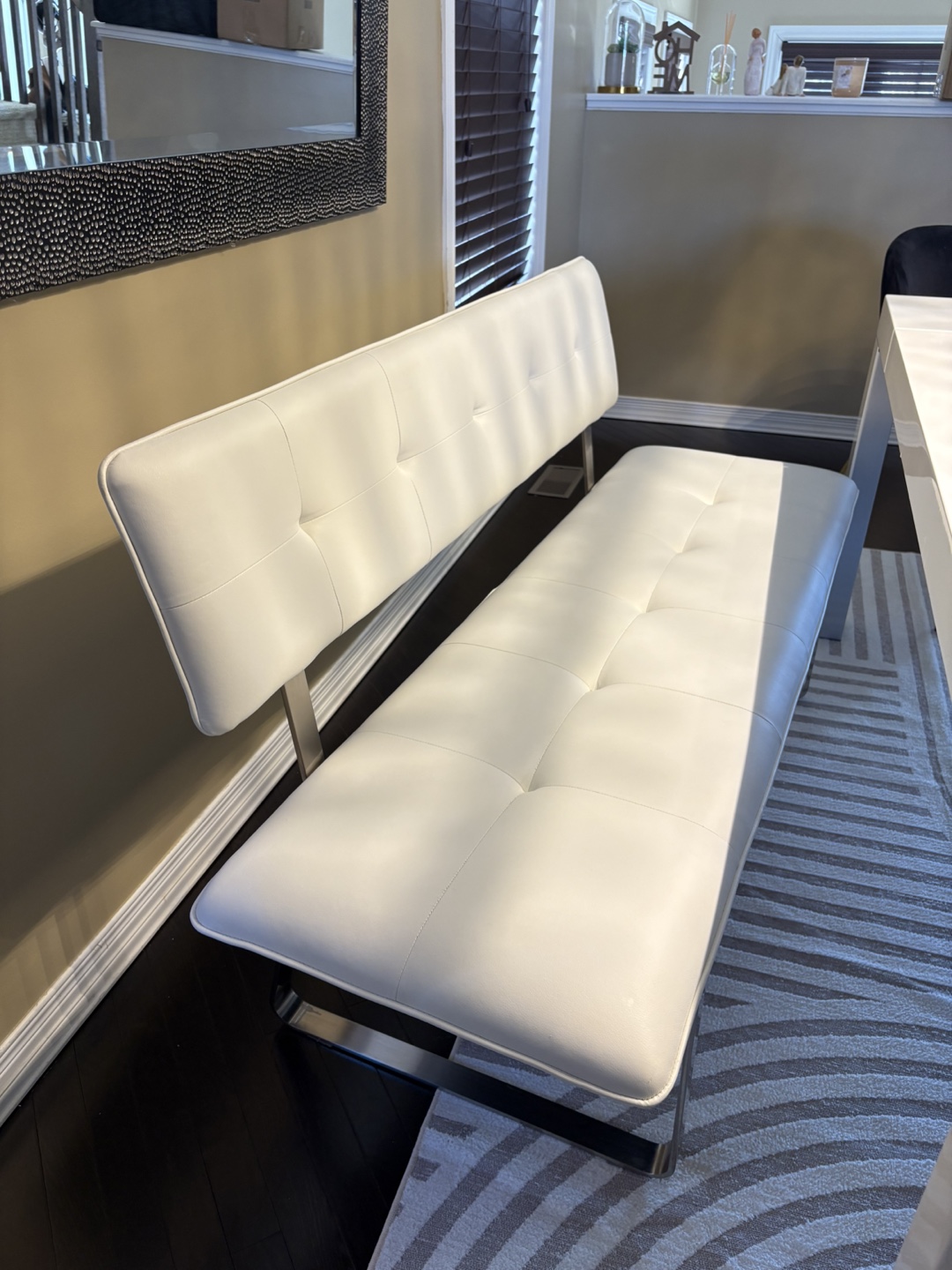 White Leather Dining Bench with Chrome Legs