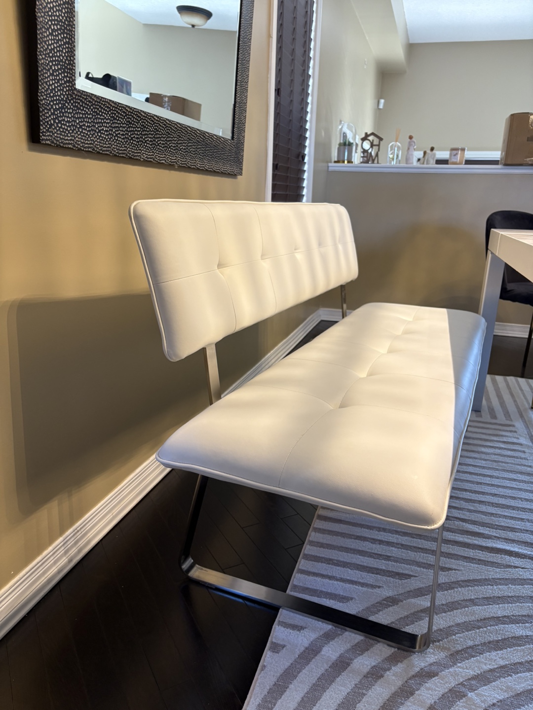 White Leather Dining Bench with Chrome Legs - photo 2