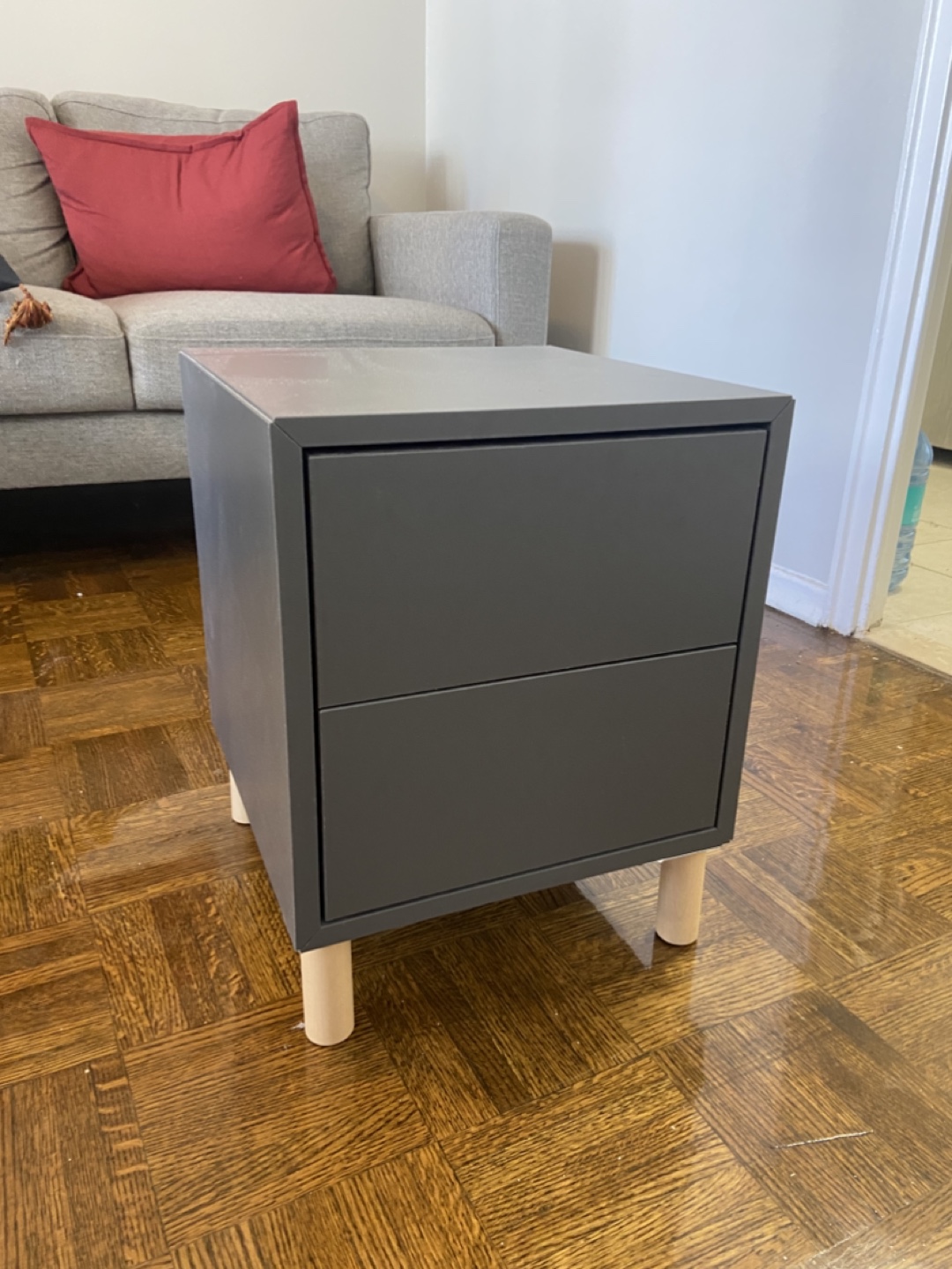 Dark Grey Two-Drawer Nightstand with Wooden Legs