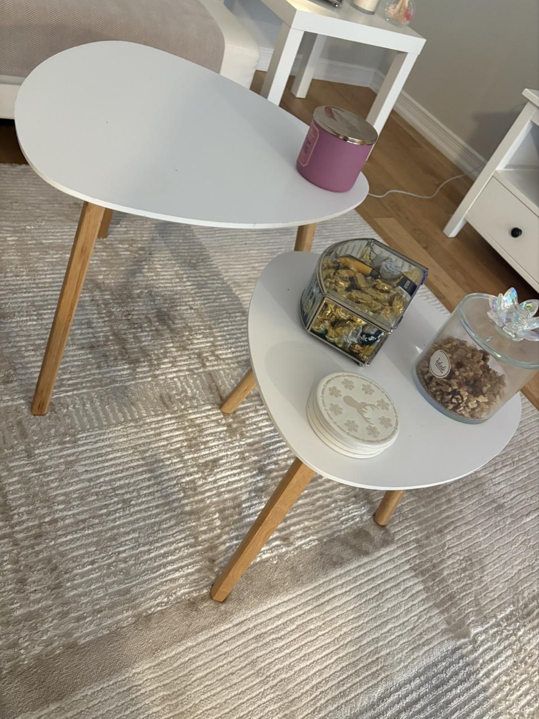 Nest of Two White Tables with Wooden Legs
