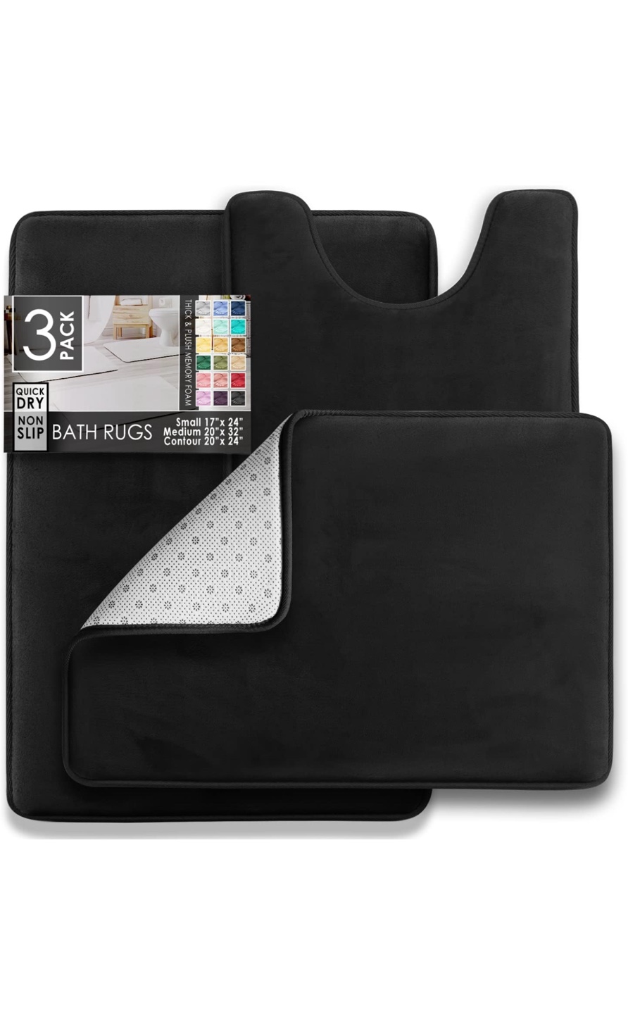 3-Piece Black Bathroom Rug Set - Ultra-Plush Velvet, Memory Foam - photo 4