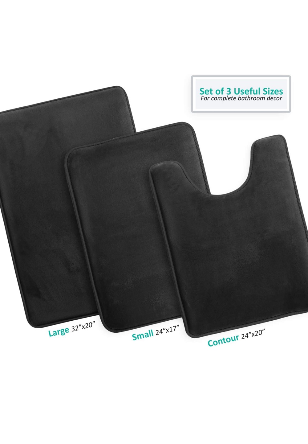 3-Piece Black Bathroom Rug Set - Ultra-Plush Velvet, Memory Foam - photo 3