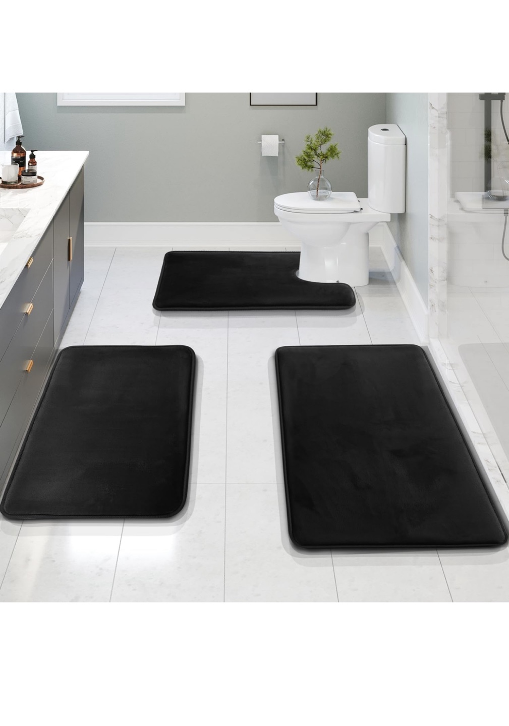 3-Piece Black Bathroom Rug Set - Ultra-Plush Velvet, Memory Foam