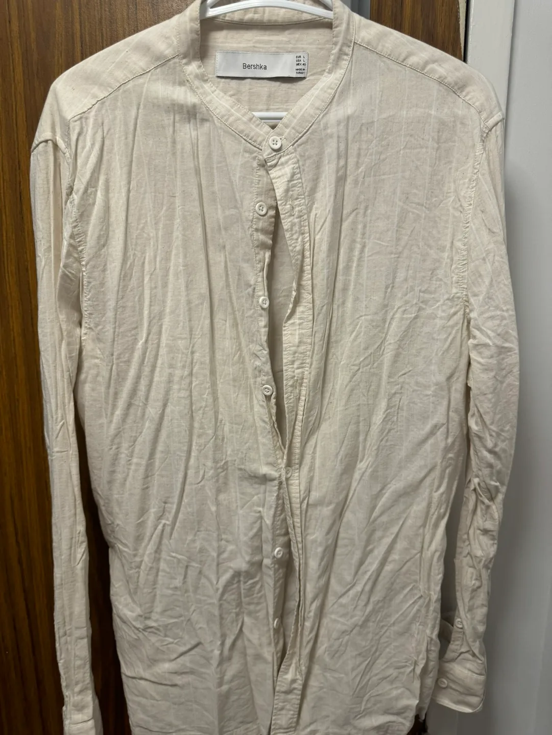Bershka Beige Striped Button-Up Shirt - Size L thumbnail