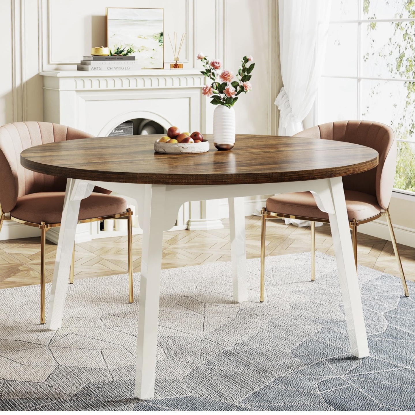 Round Dining Table - Wood Top & White Legs