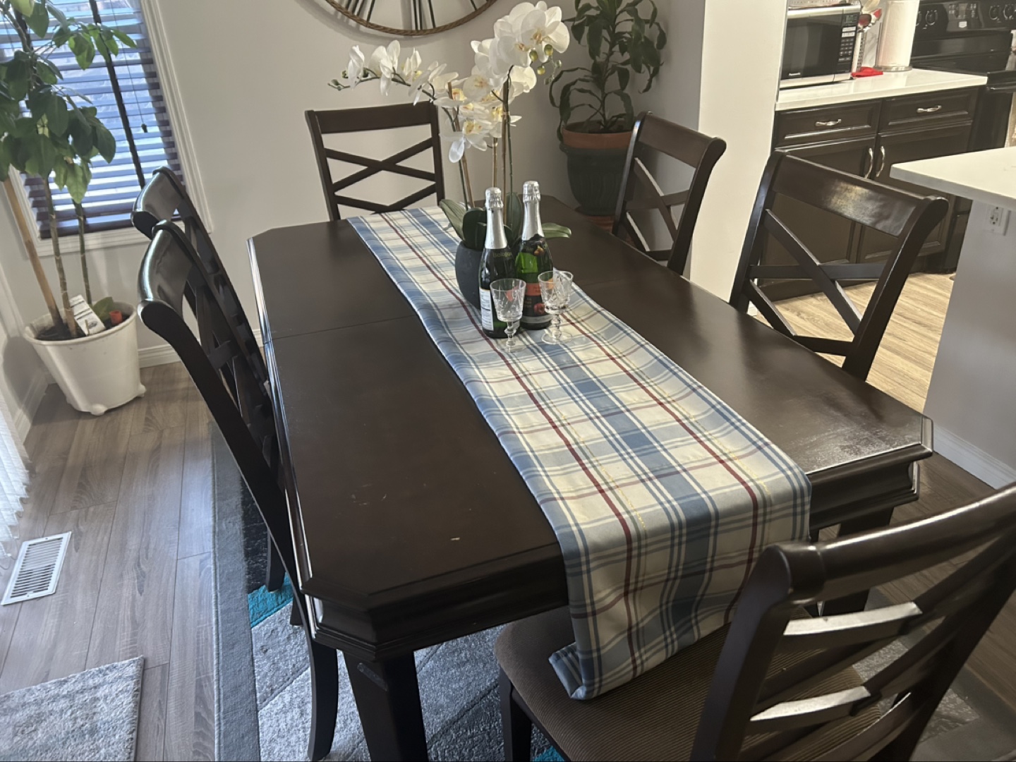 Dark Brown Wooden Dining Table Set with 6 Chairs