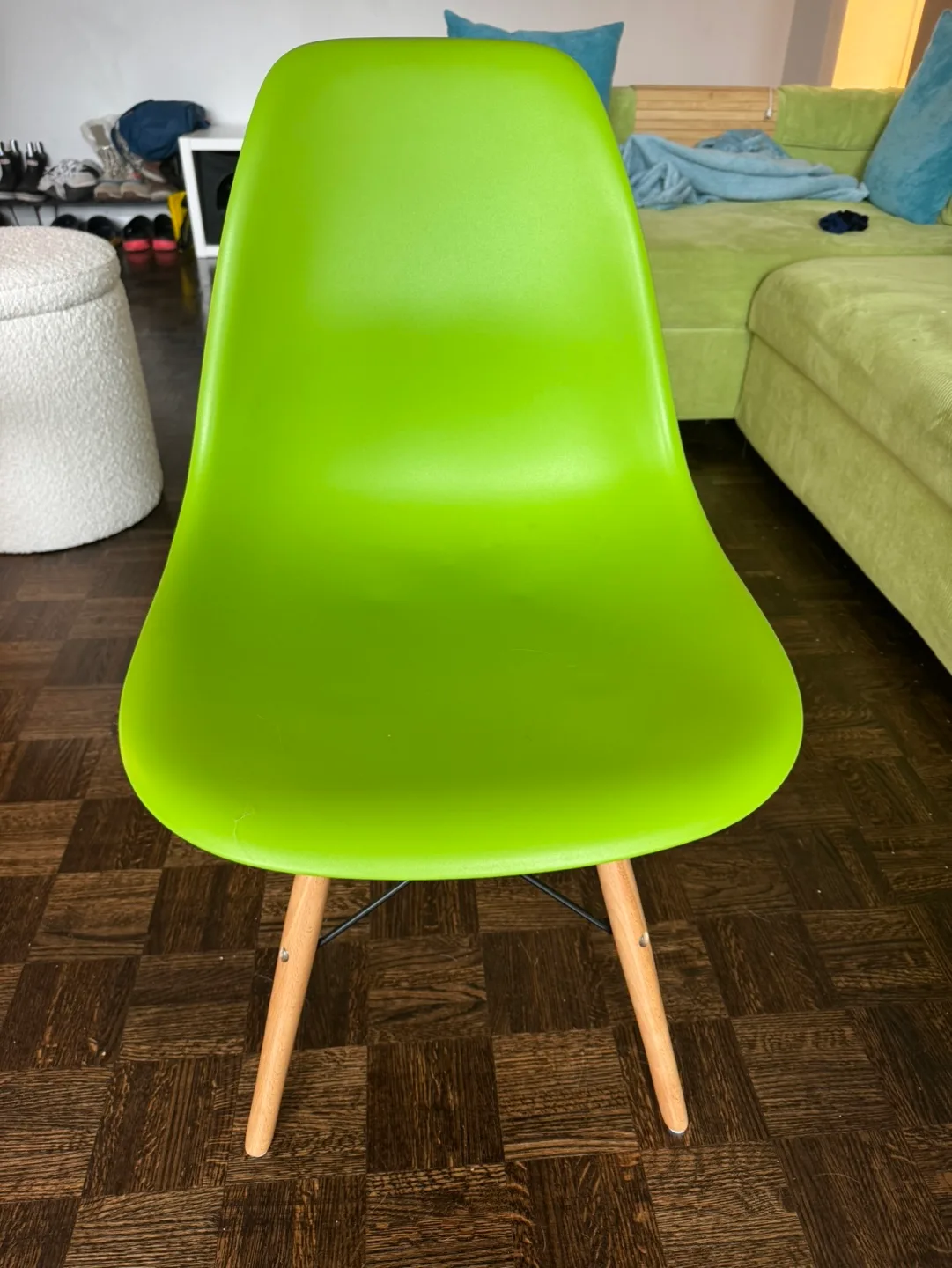 Lime Green Plastic Chair with Wooden Legs thumbnail