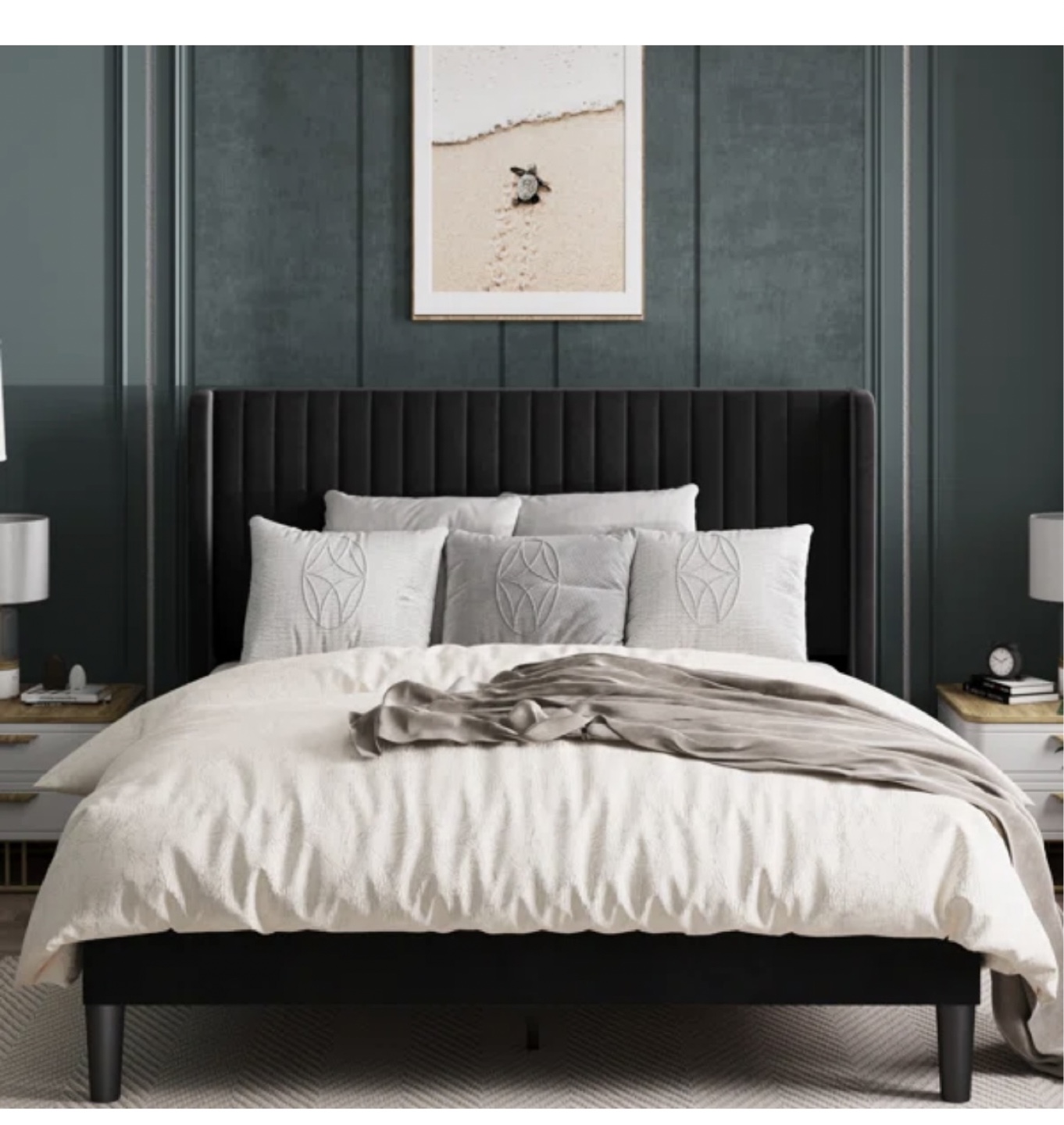 Queen Size Black Velvet Upholstered Platform Bed Frame - photo 2