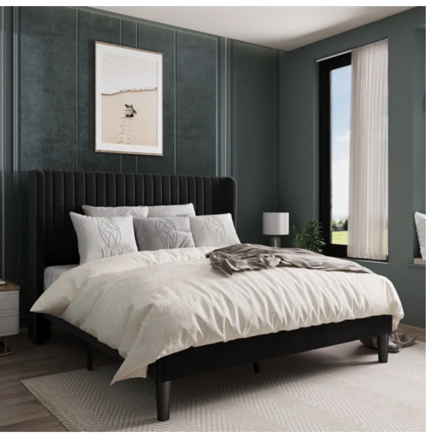Queen Size Black Velvet Upholstered Platform Bed Frame
