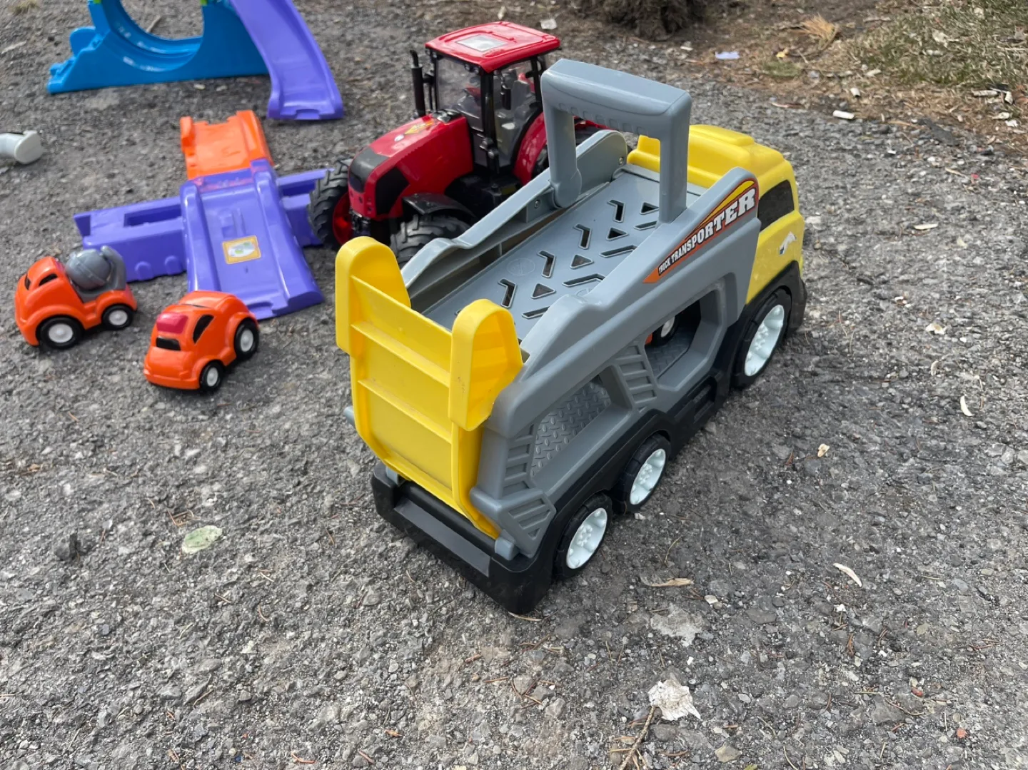 Toy Tractor, Transporter Truck, and Race Track Playset thumbnail