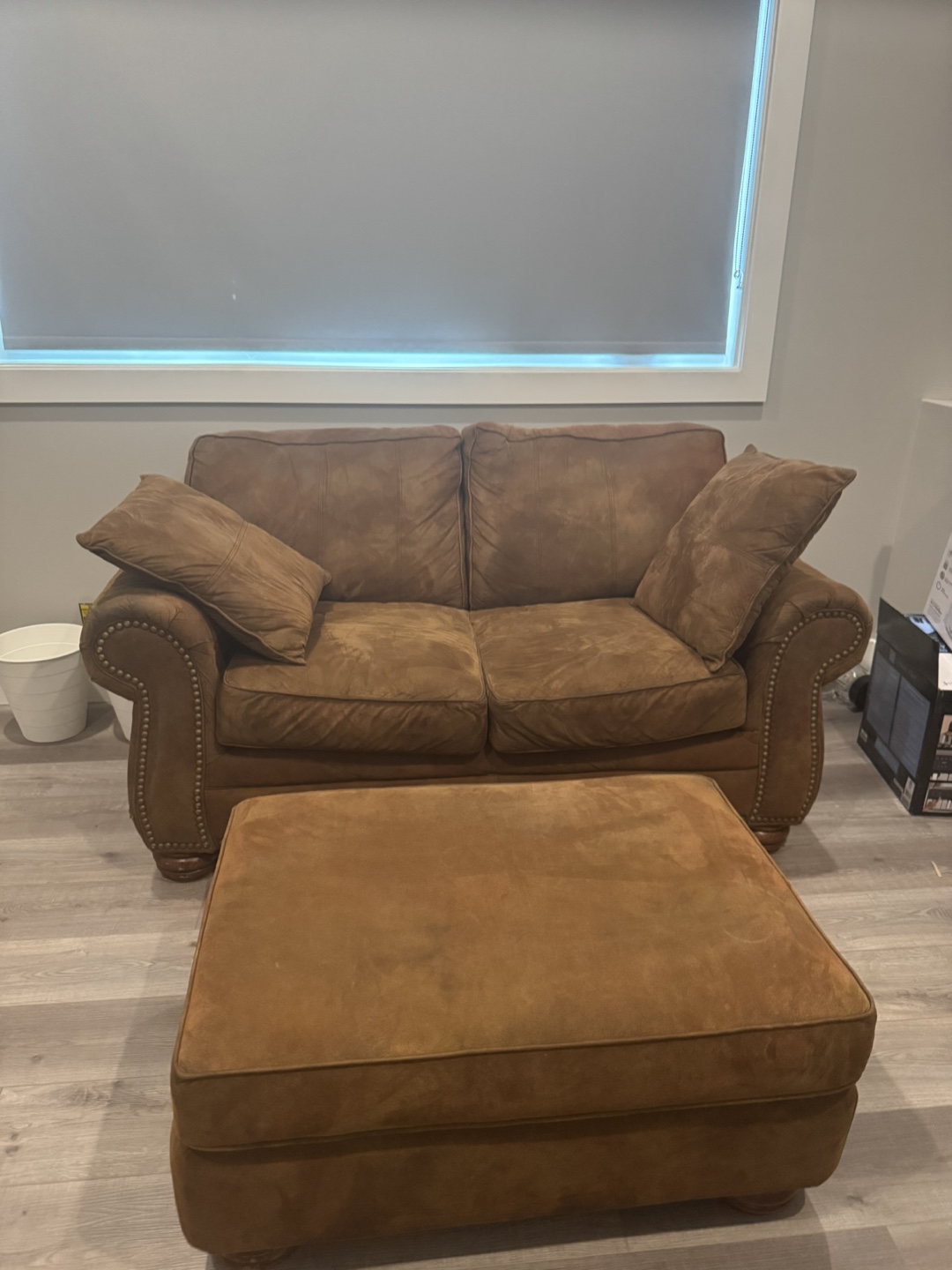 Brown Suede Loveseat and Ottoman Set