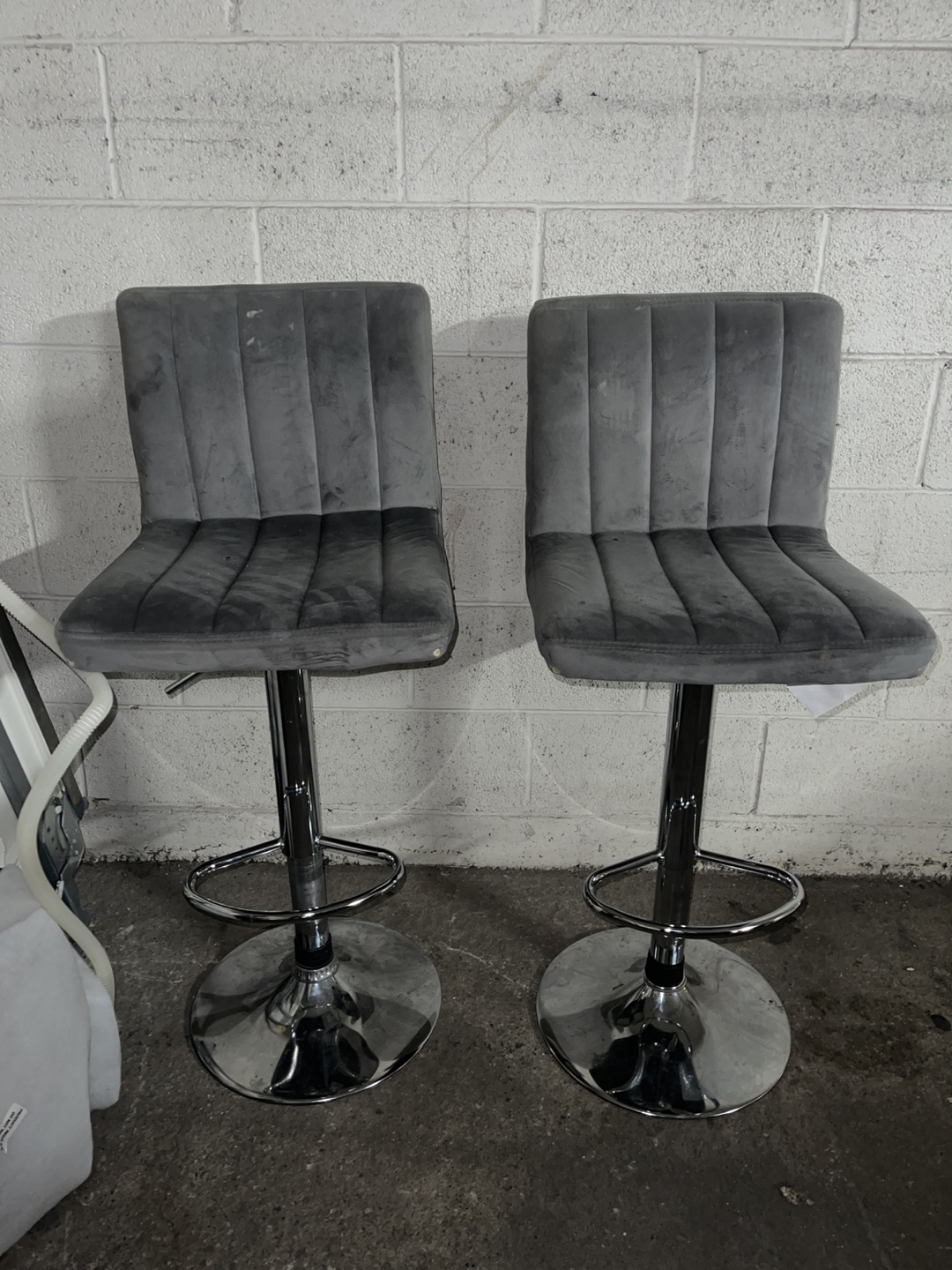 Pair of Grey Velvet Bar Stools with Chrome Base
