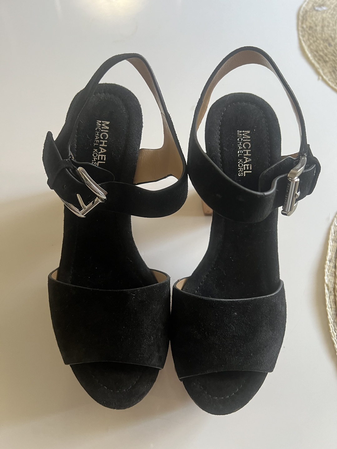 💚 New Michael Kors Black Suede Cork Wedge Sandals