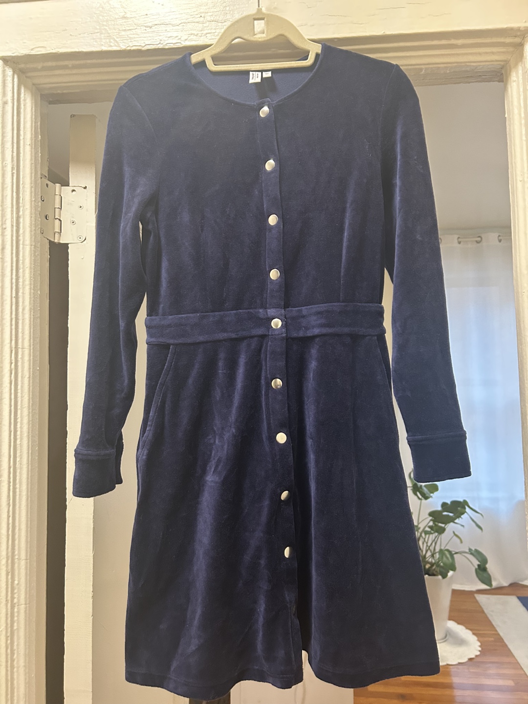 Navy Blue Velvet Button-Down Dress