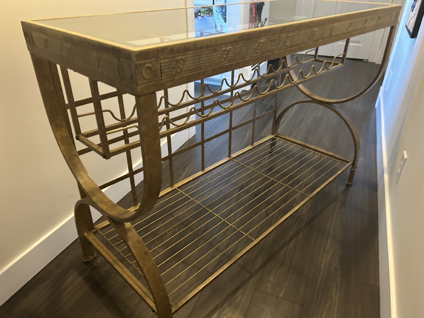 Gold Metal Wine Rack Console Table with Glass Top - photo 4