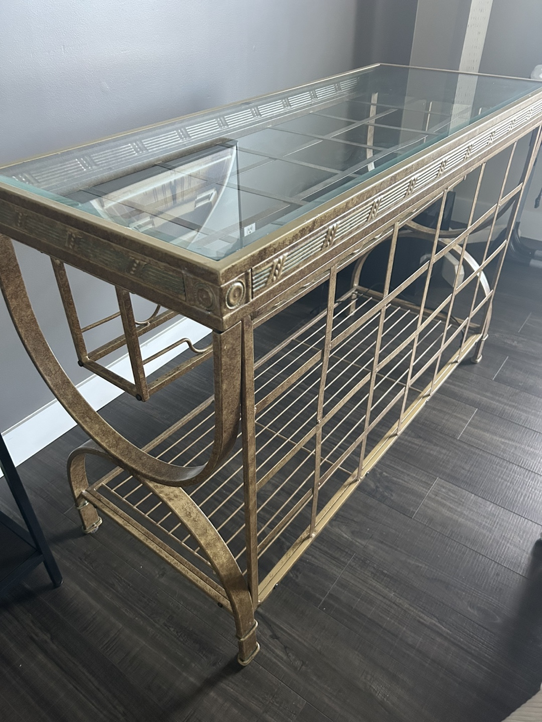 Gold Metal Wine Rack Console Table with Glass Top