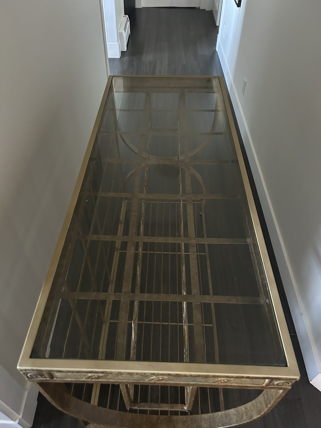 Gold Metal Wine Rack Console Table with Glass Top - photo 2