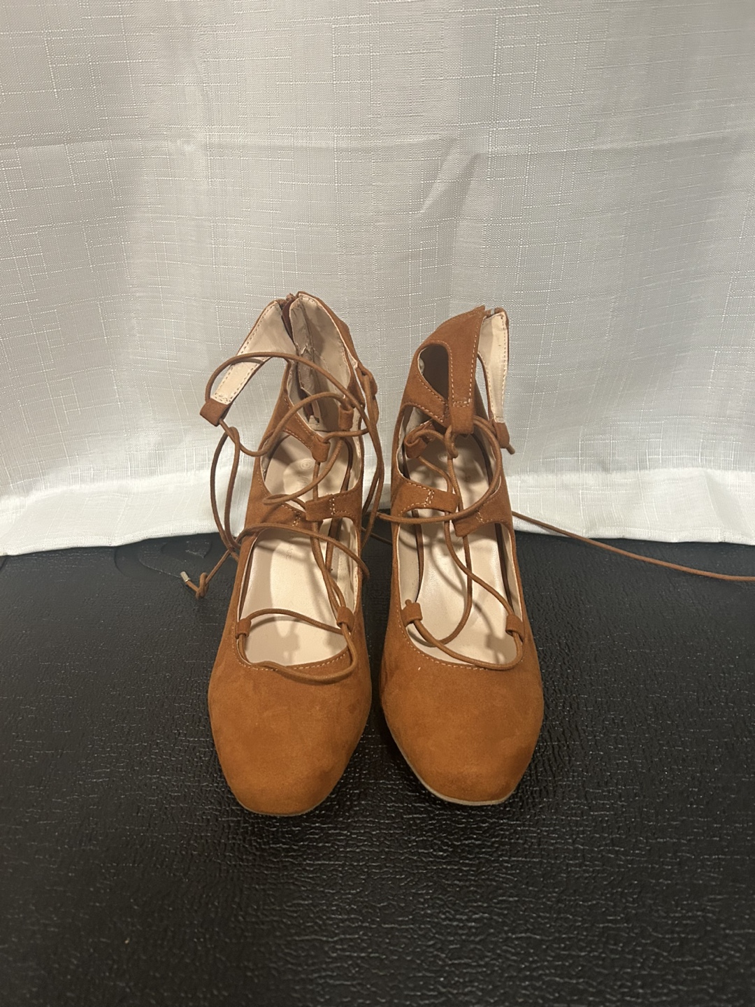 Brown Lace-Up Block Heel Closed Toe Heels