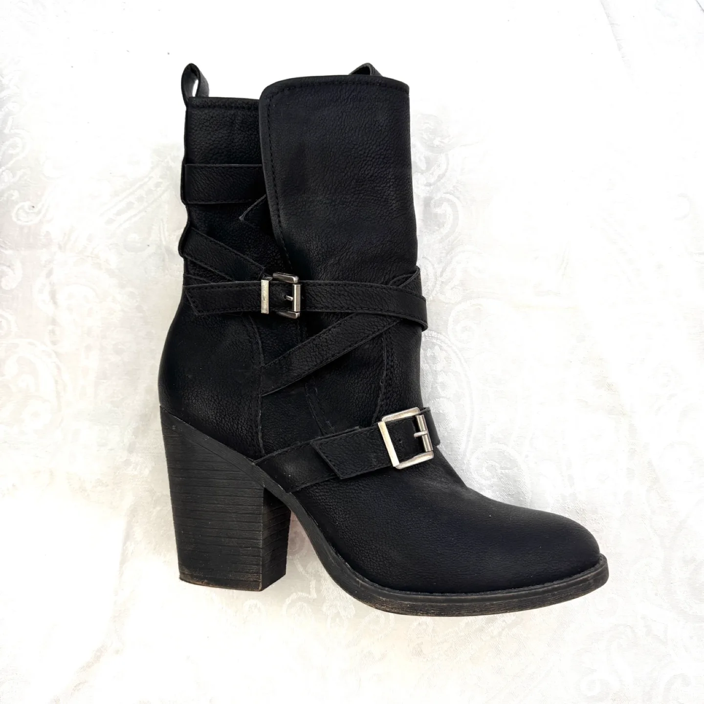 Black vegan leather ladies boots mid calf length, size 8.5M image indicator(2)