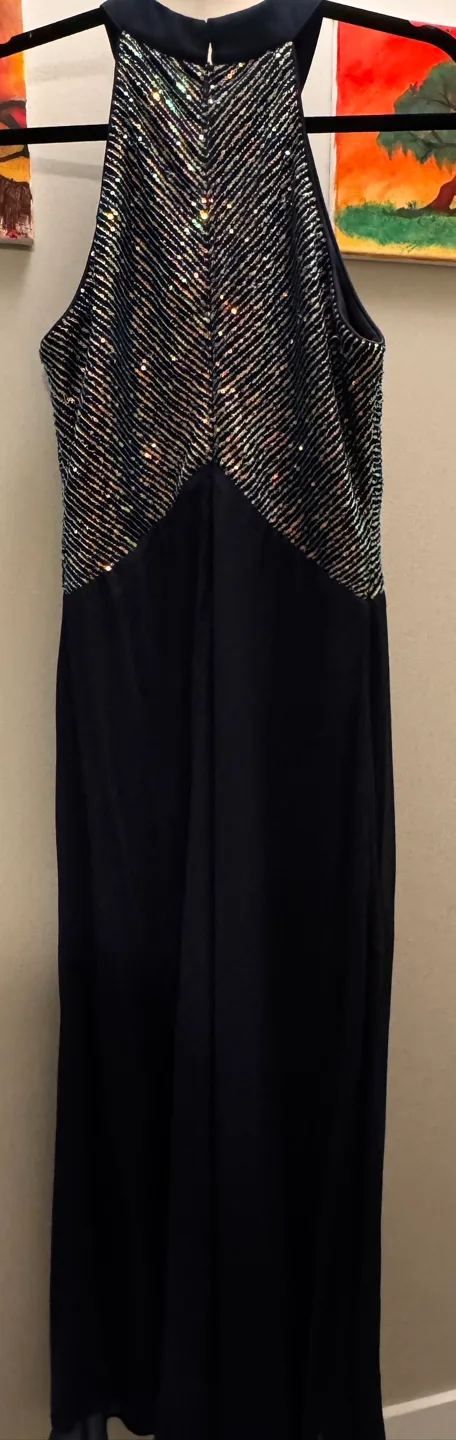 Navy Blue Sequin Halter Midi Dress (Prom Dress) Size M image indicator(2)