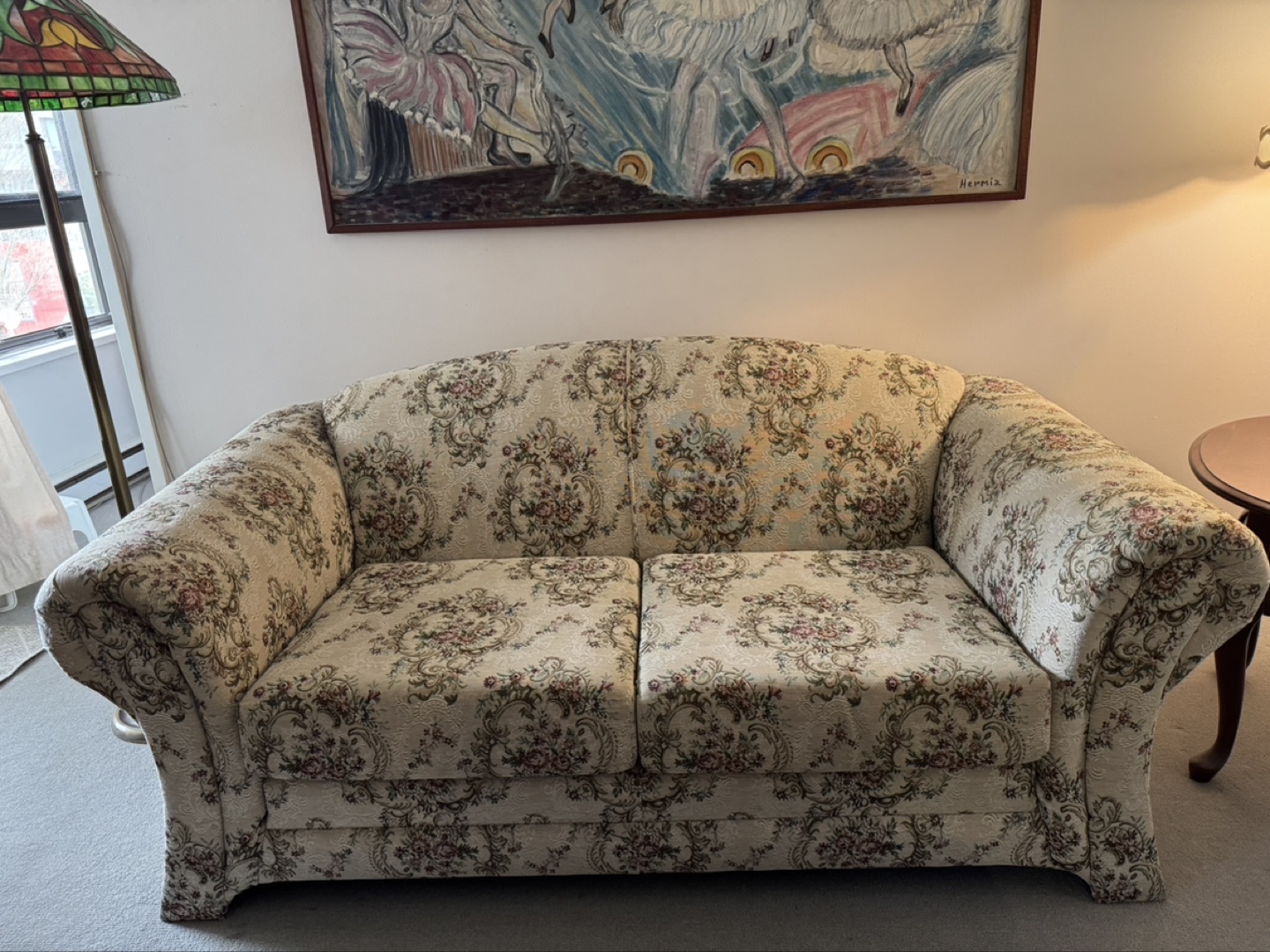 Cream Floral brocade loveseat