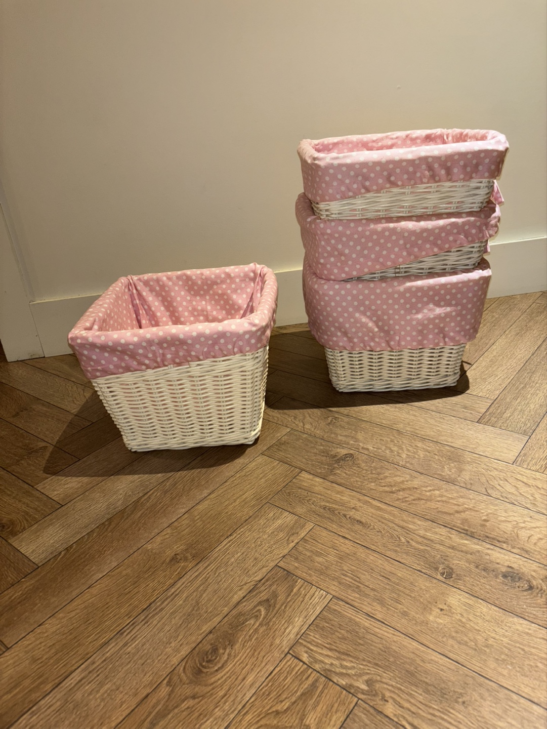 Pottery Barn kids Set of 4 Pink Polka Dot Wicker Storage Baskets