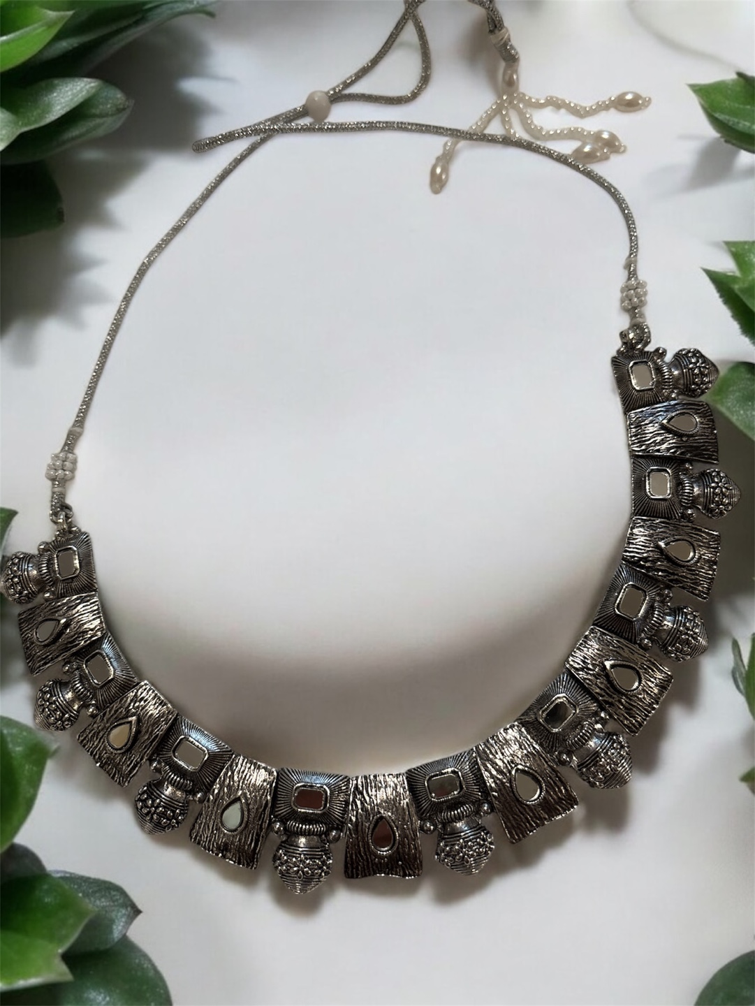 Oxidized Silver Necklace with Mirror Detail