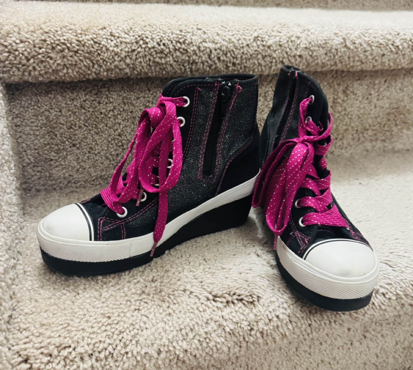 Girls' Size 2 Black & Pink Glitter Wedge High Top Sneakers - photo 3