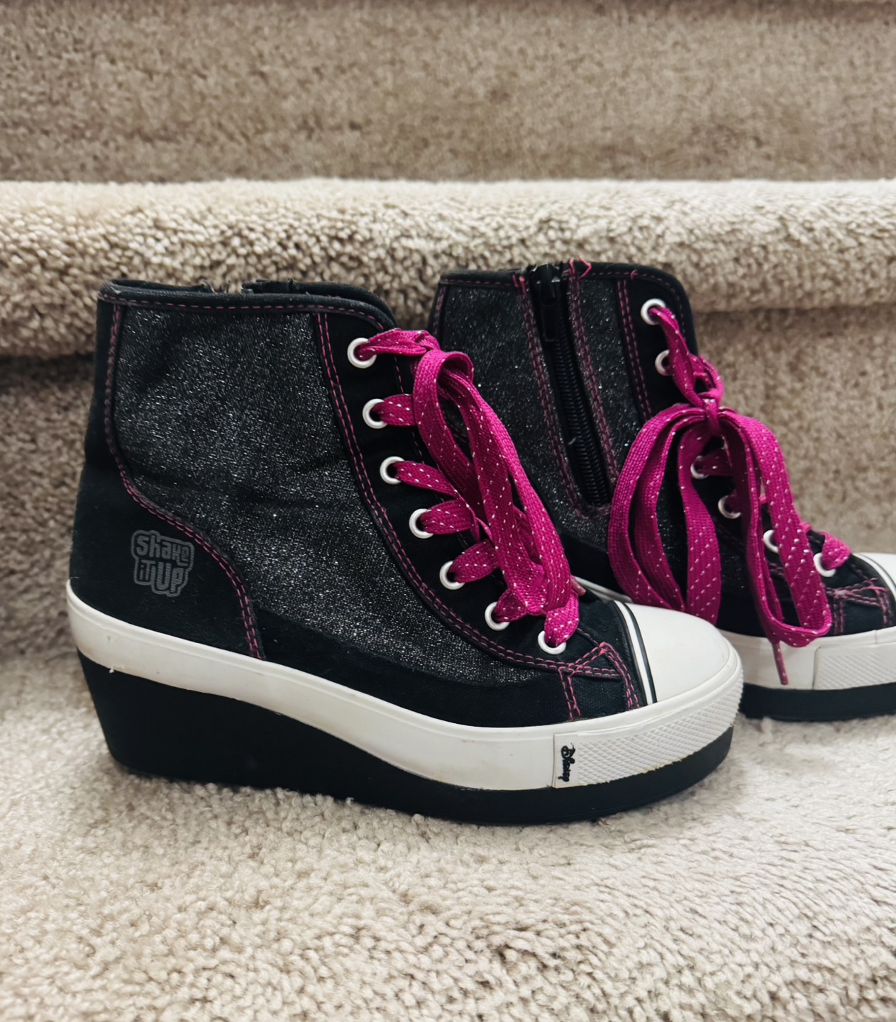 Girls' Size 2 Black & Pink Glitter Wedge High Top Sneakers - photo 2