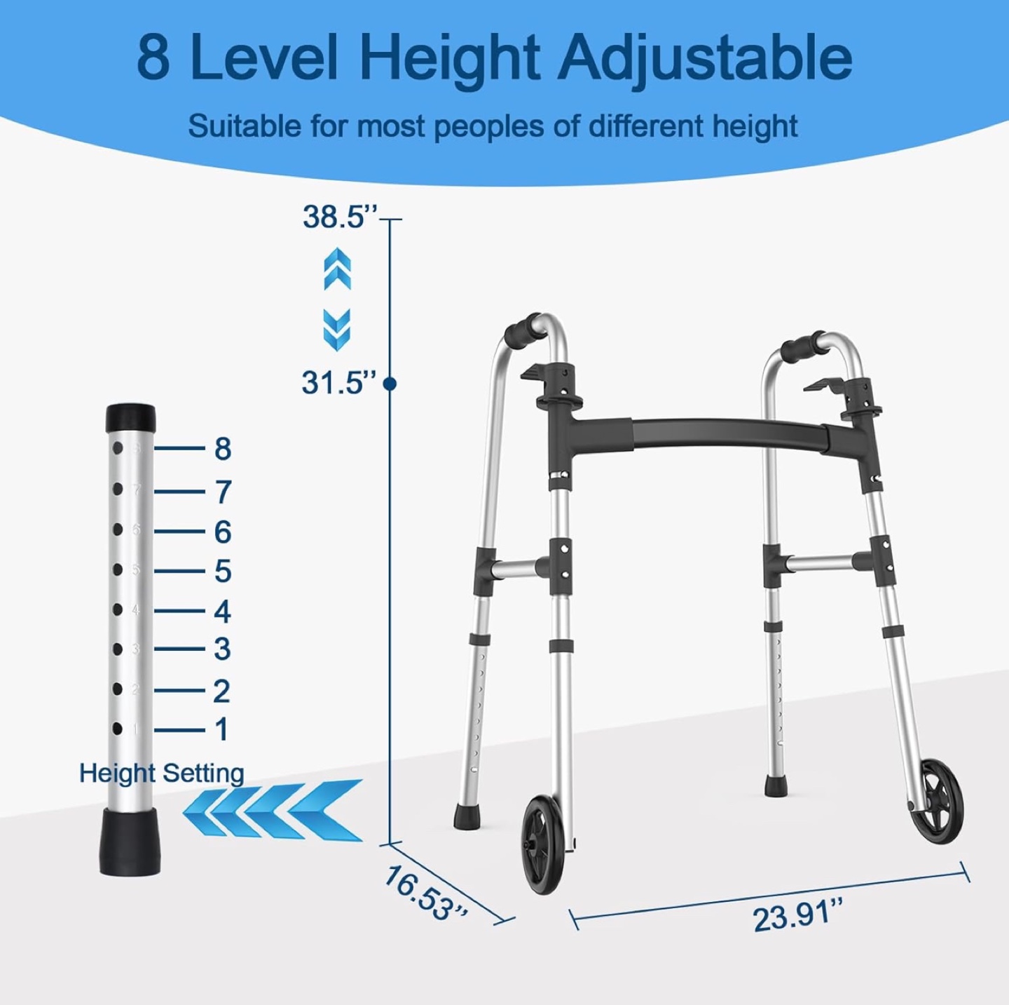 Lightweight Aluminum Rolling Walker with 8 Height Adjustments - photo 3