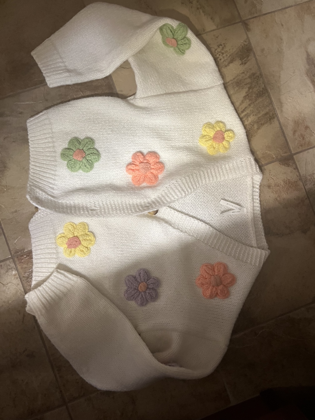 White Knit Cardigan with Flower Appliqués