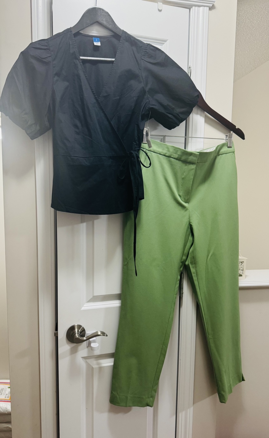 Old Navy black wrap top and Zara green pants