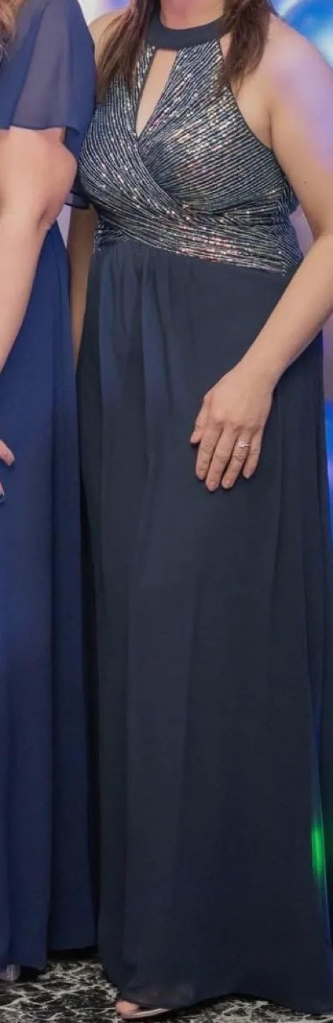 Navy Blue Sequin Halter Midi Dress (Prom Dress) Size M image indicator(3)