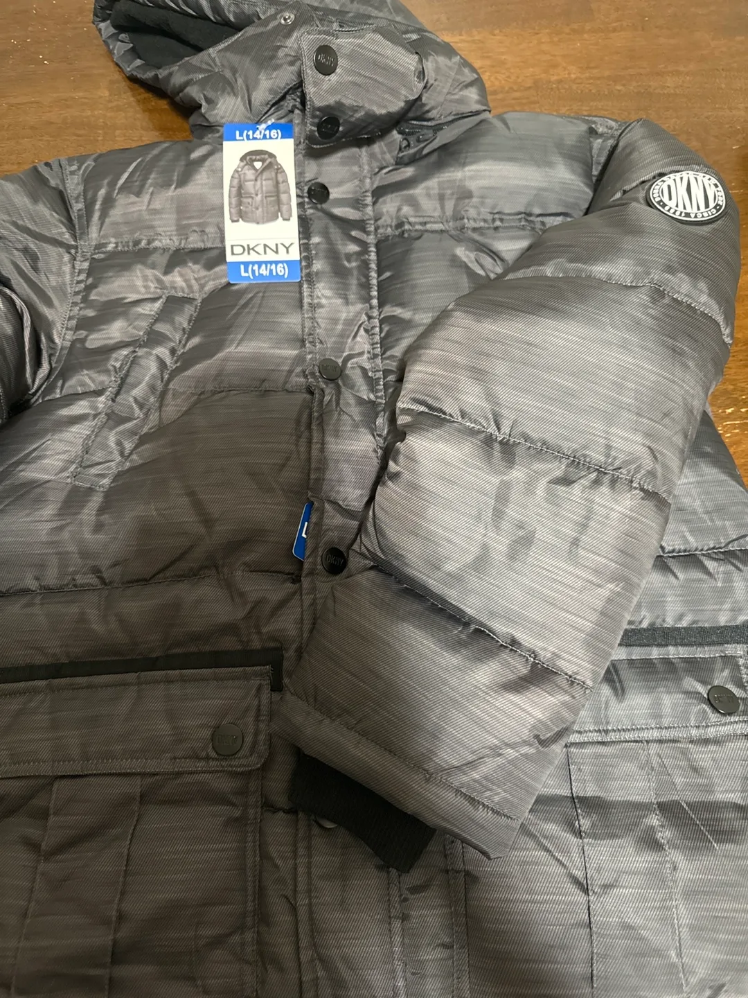 DKNY Boys' Size Large (14/16) Gray Puffer Jacket with Hood image indicator(2)